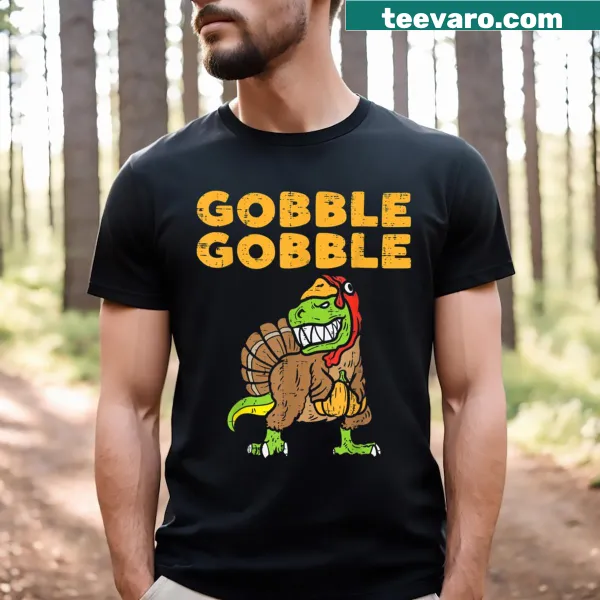 Cartoon dinosaur dressed as a turkey on a kids T-shirt