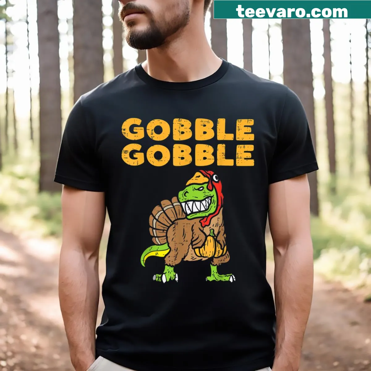 Cartoon dinosaur dressed as a turkey on a kids T-shirt — on a men's t-shirt