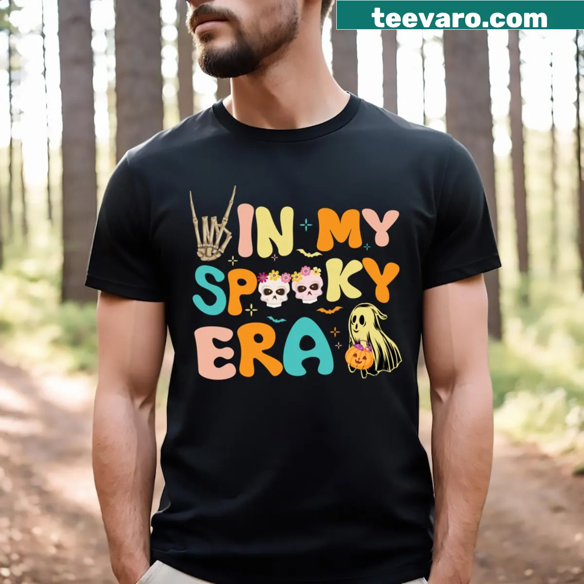 Retro Halloween T-shirt featuring a funny ghost design — on a men's t-shirt
