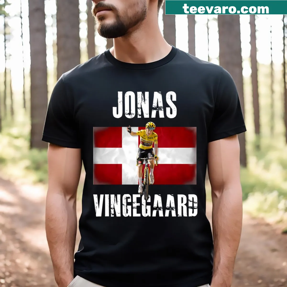 T-shirt featuring the name Jonas Vingegaard — on a men's t-shirt