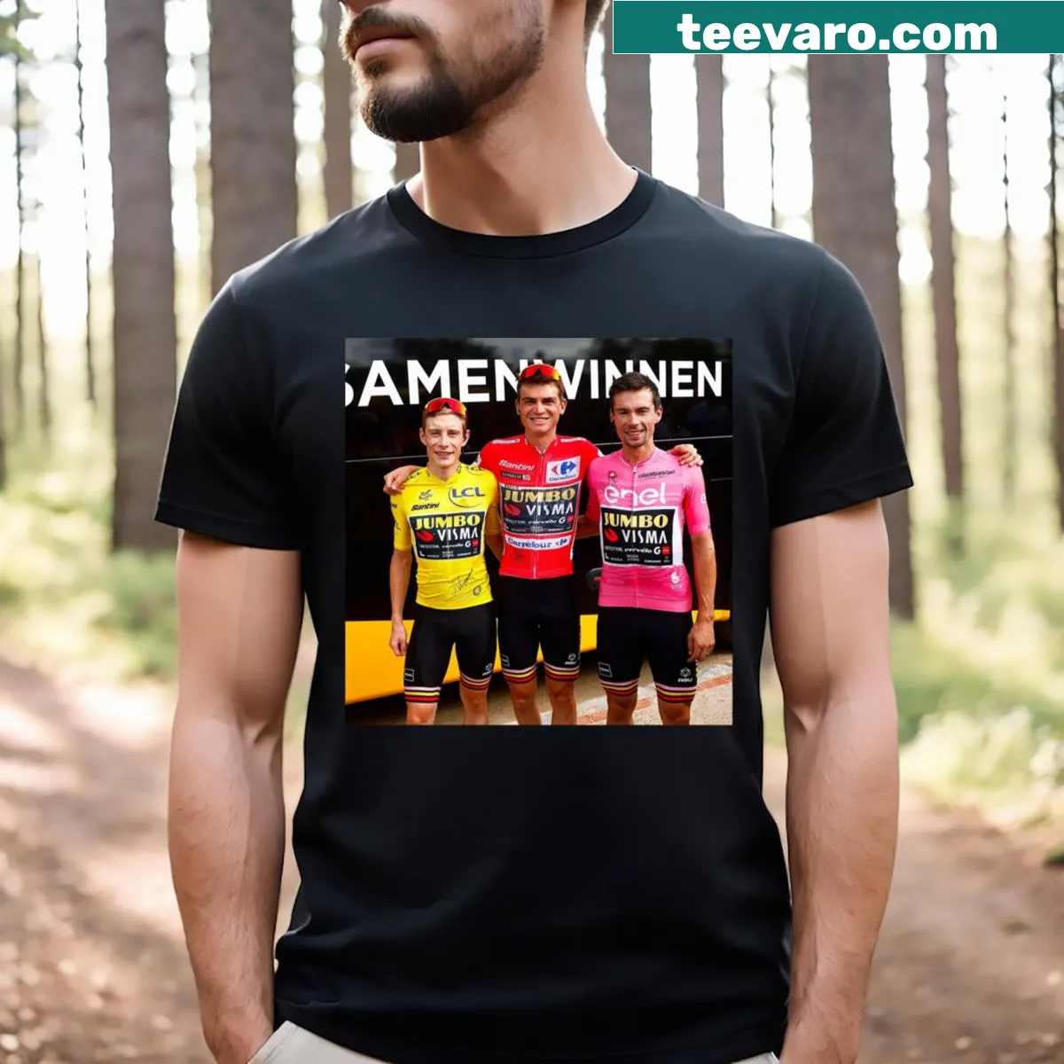 Jumbovisma 2023 Grand Tour Champions t-shirt with bold typography — on a men's t-shirt