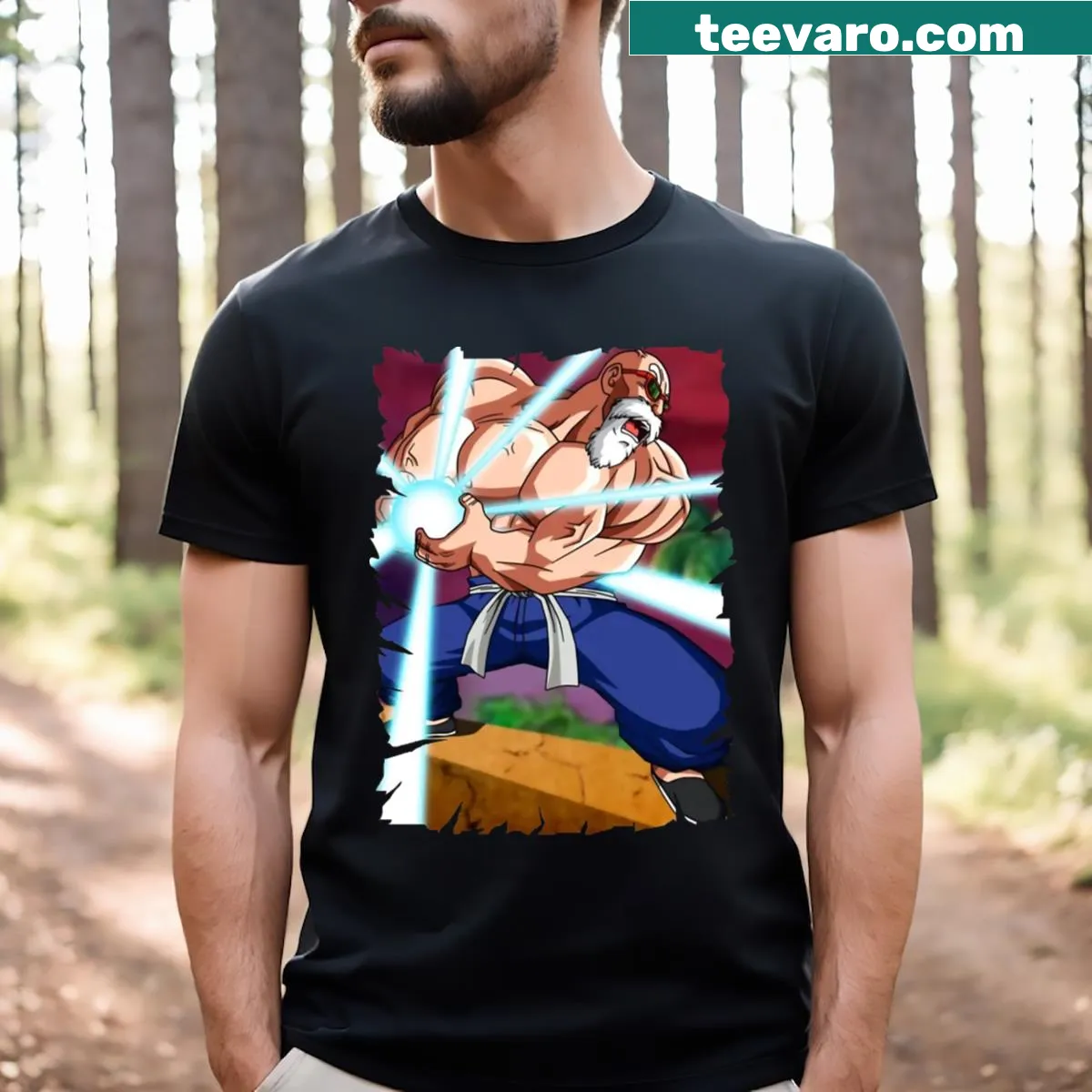 Cartoon graphic Master Roshi T-shirt for anime fans — on a men's t-shirt