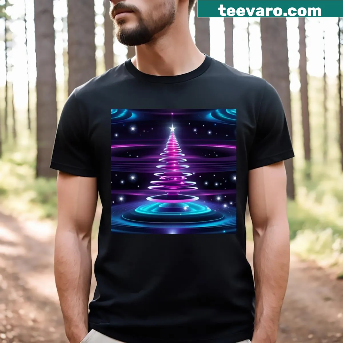 New Age Christmas Tree T-shirt with a modern design — on a men's t-shirt