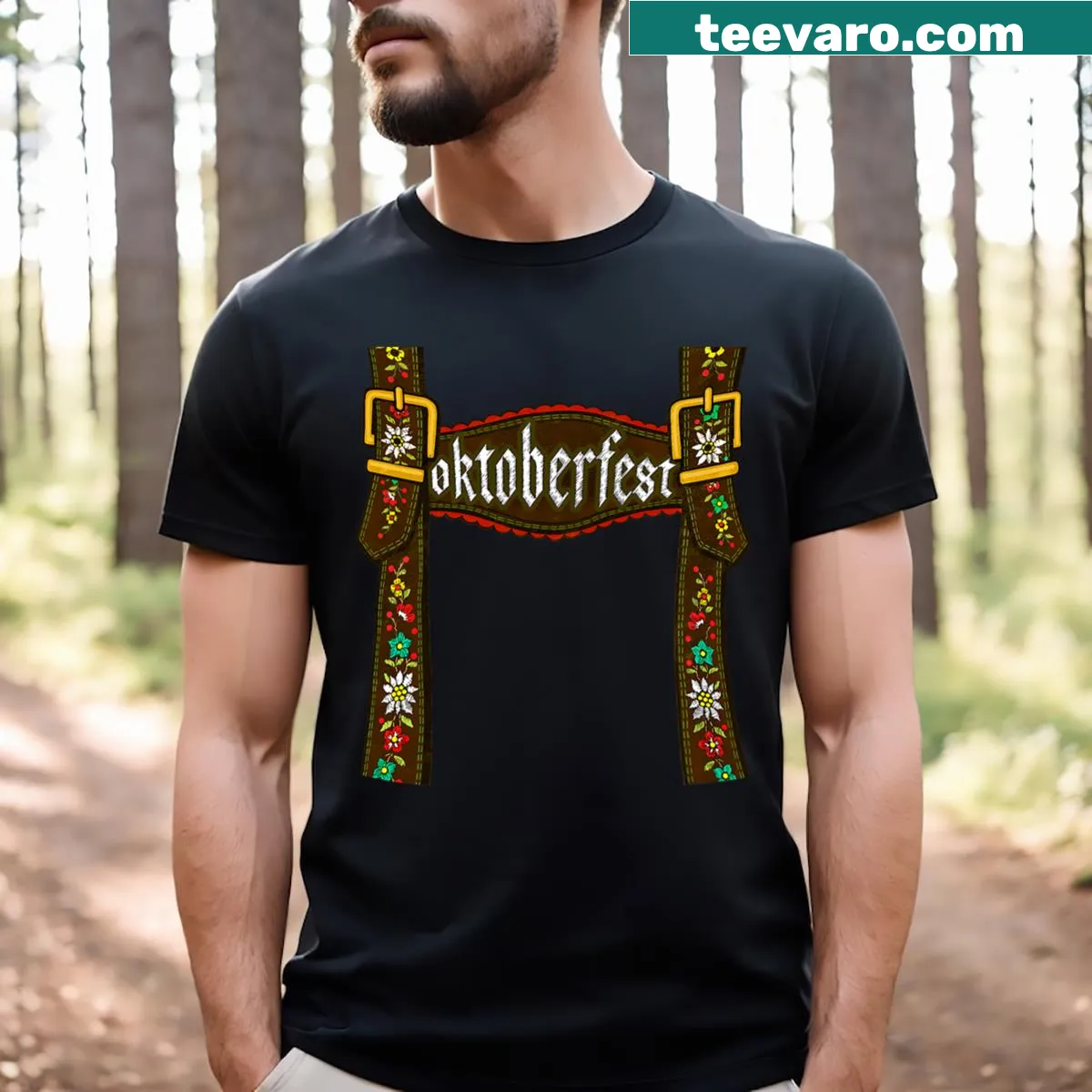 Cute Oktoberfest lederhosen cartoon on a t-shirt — on a men's t-shirt