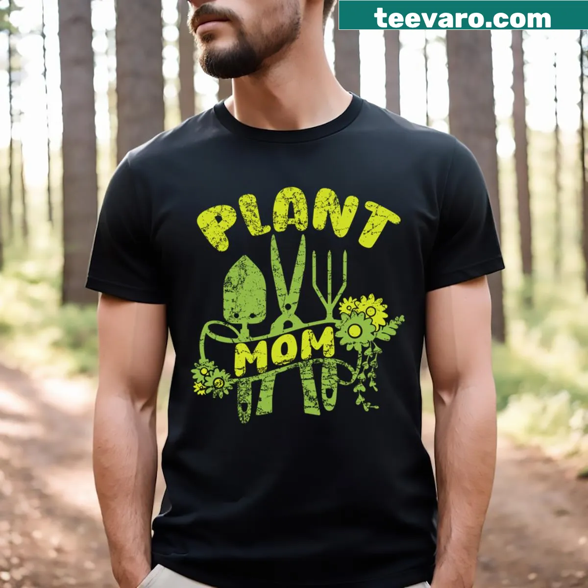 Funny Plant Mom t-shirt with cartoon succulent graphic — on a men's t-shirt