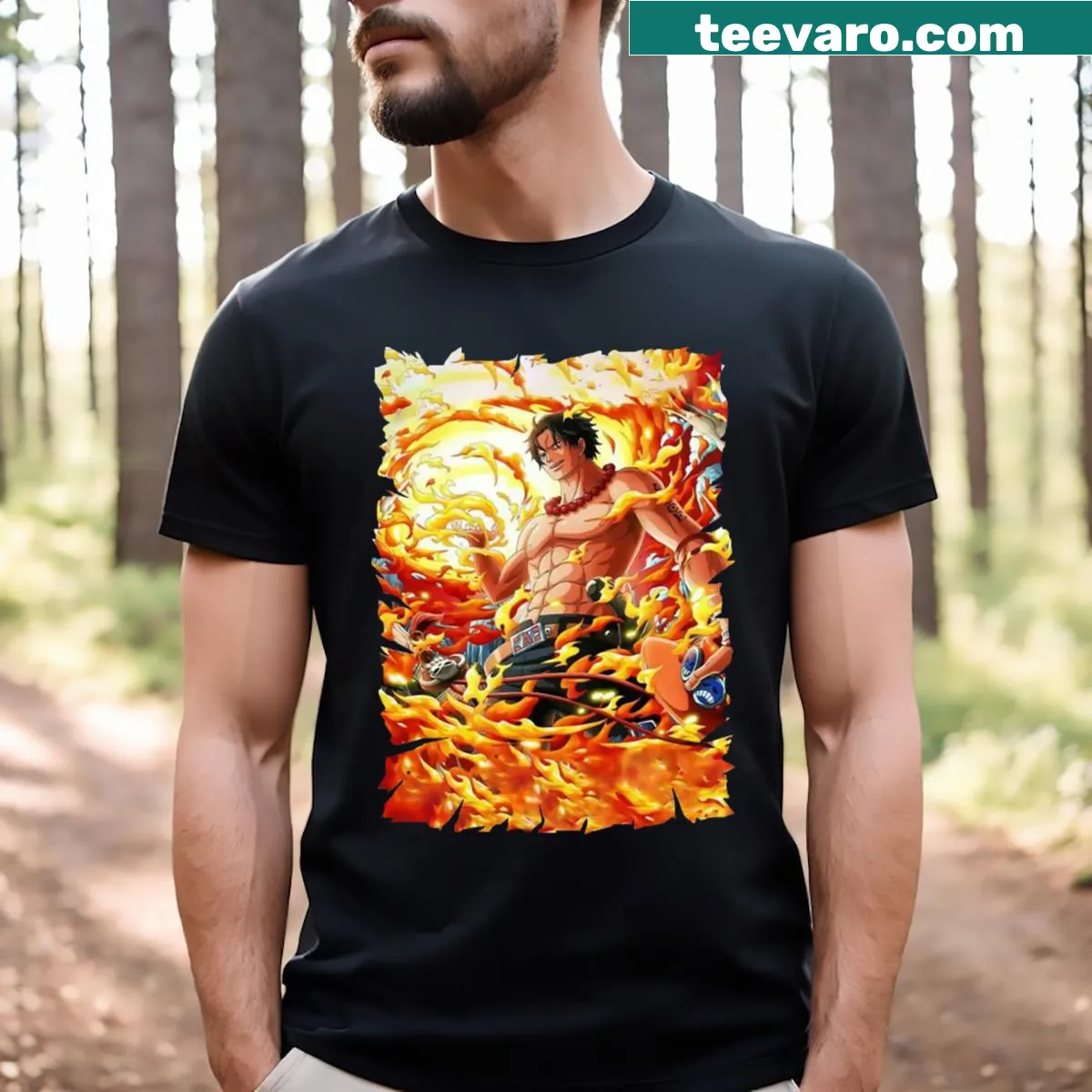 Anime-themed shirt featuring Portgas D Ace graphic illustration — on a men's t-shirt