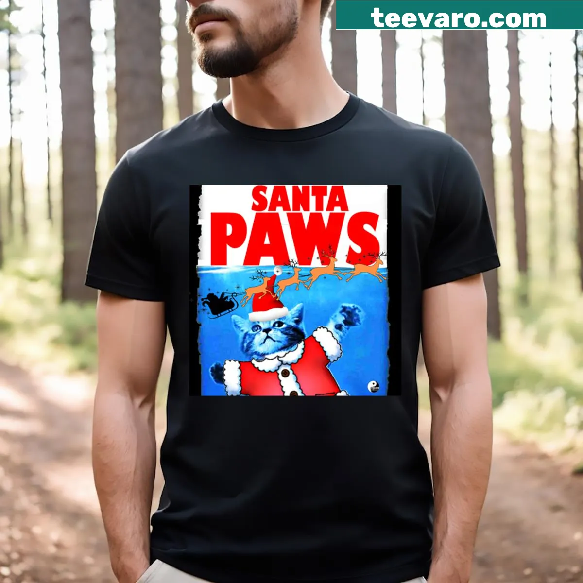 Funny cat-themed Christmas t-shirt with Santa design — on a men's t-shirt