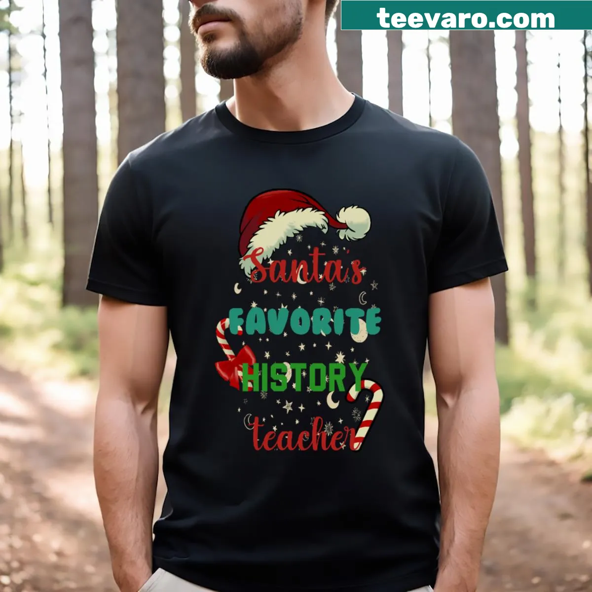 Funny history teacher t-shirt with 'Santa's Favorite' text — on a men's t-shirt