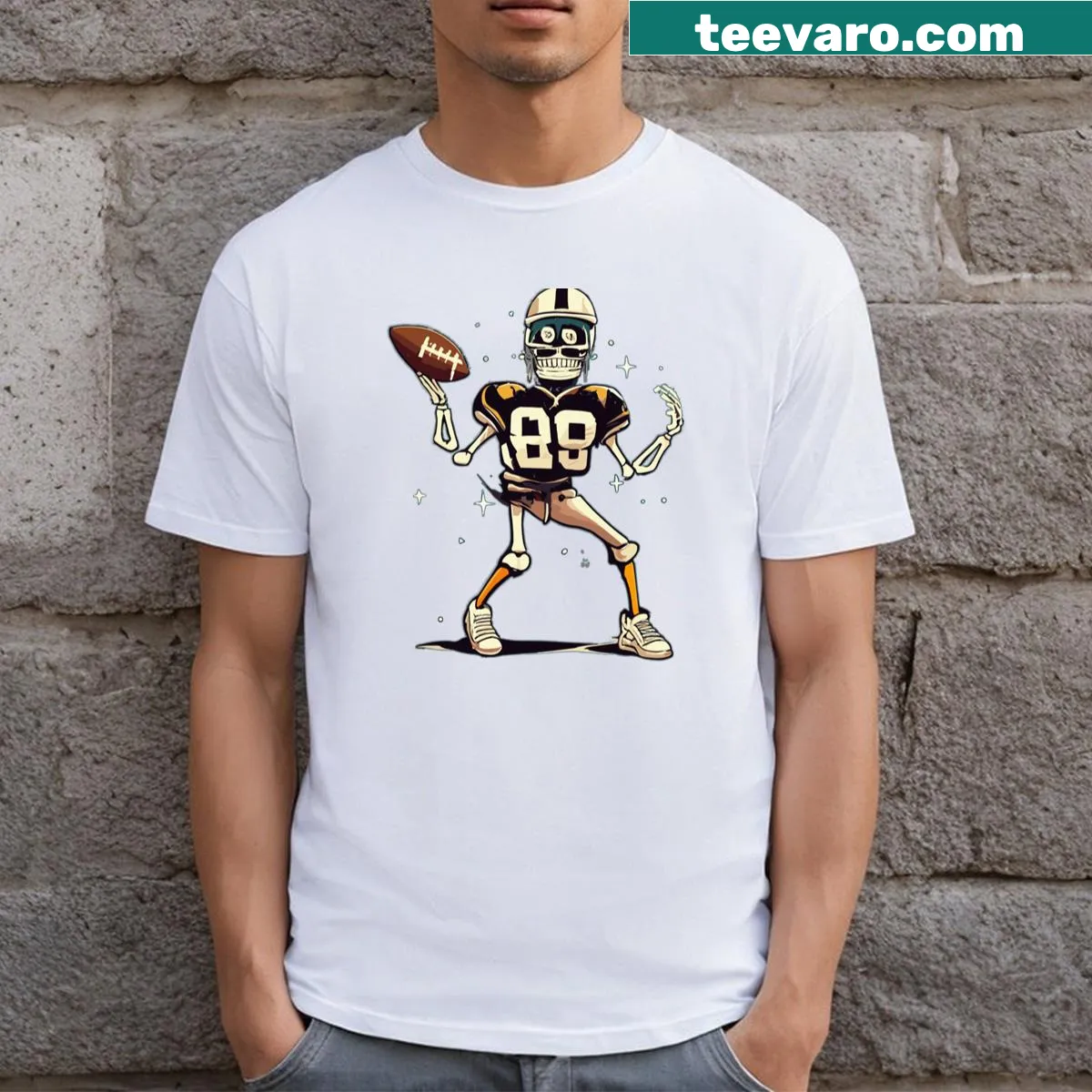 Skeleton graphic in football pose on t-shirt. — on a men's t-shirt