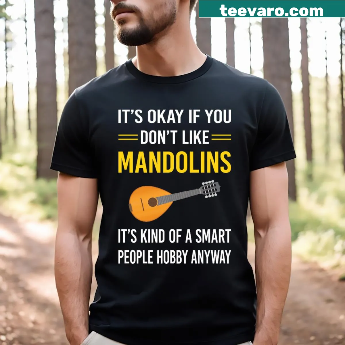 Mandolin-themed text displayed on a t-shirt. — on a men's t-shirt