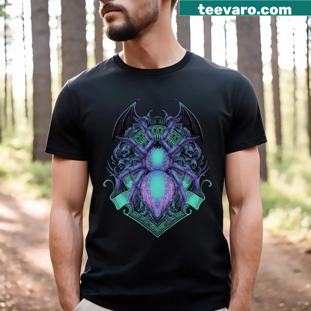 Artistic spider engraving T-shirt with intricate design — on a men's t-shirt