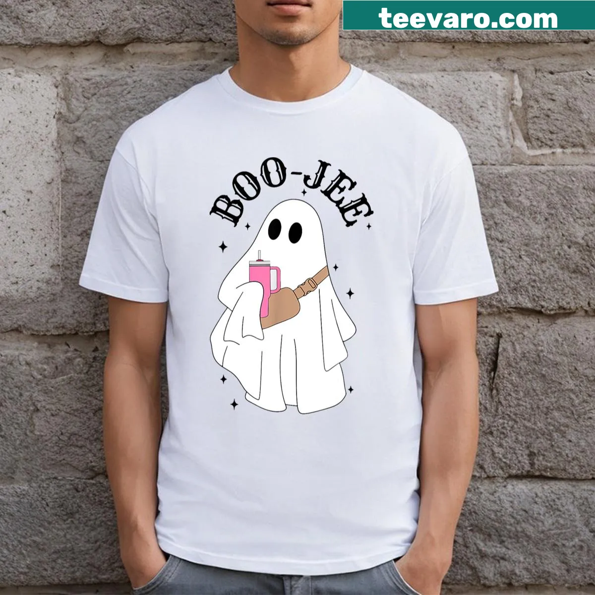 Cute ghost design on Halloween-themed T-shirt — on a men's t-shirt