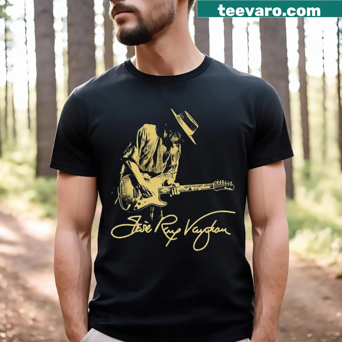 Tribute shirt featuring Stevie Ray Vaughan's name in bold typography — on a men's t-shirt