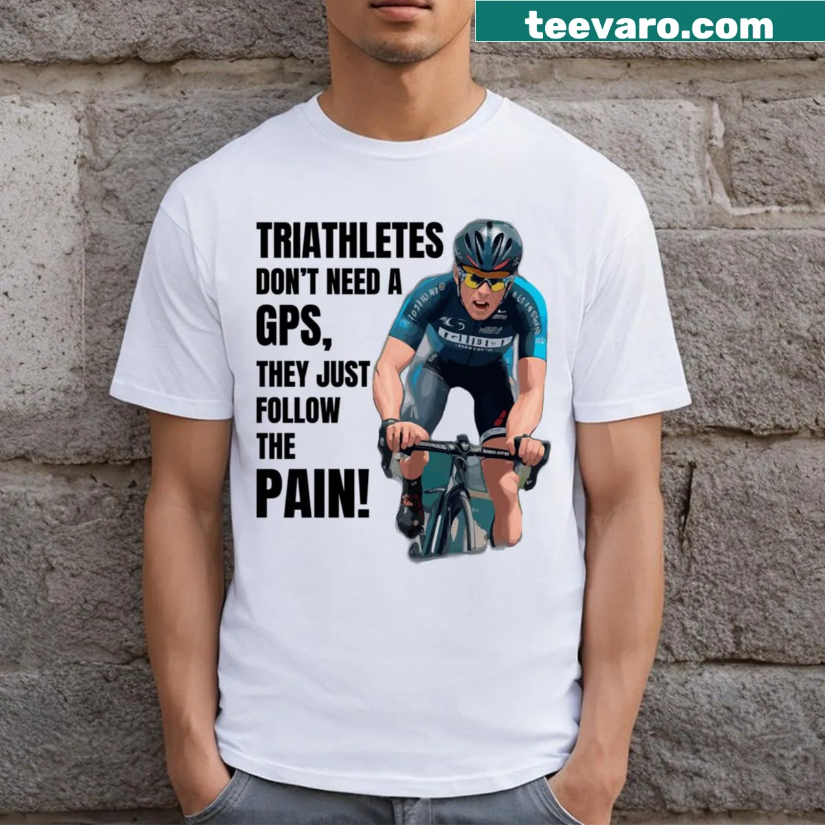 Funny triathlete shirt with 'Swim Bike Run' phrase in bold typography — on a men's t-shirt