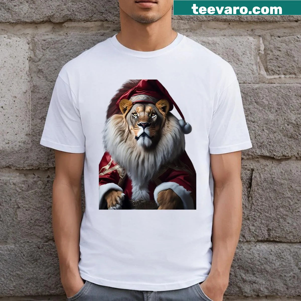 Cartoon lion in festive attire celebrating Christmas — on a men's t-shirt