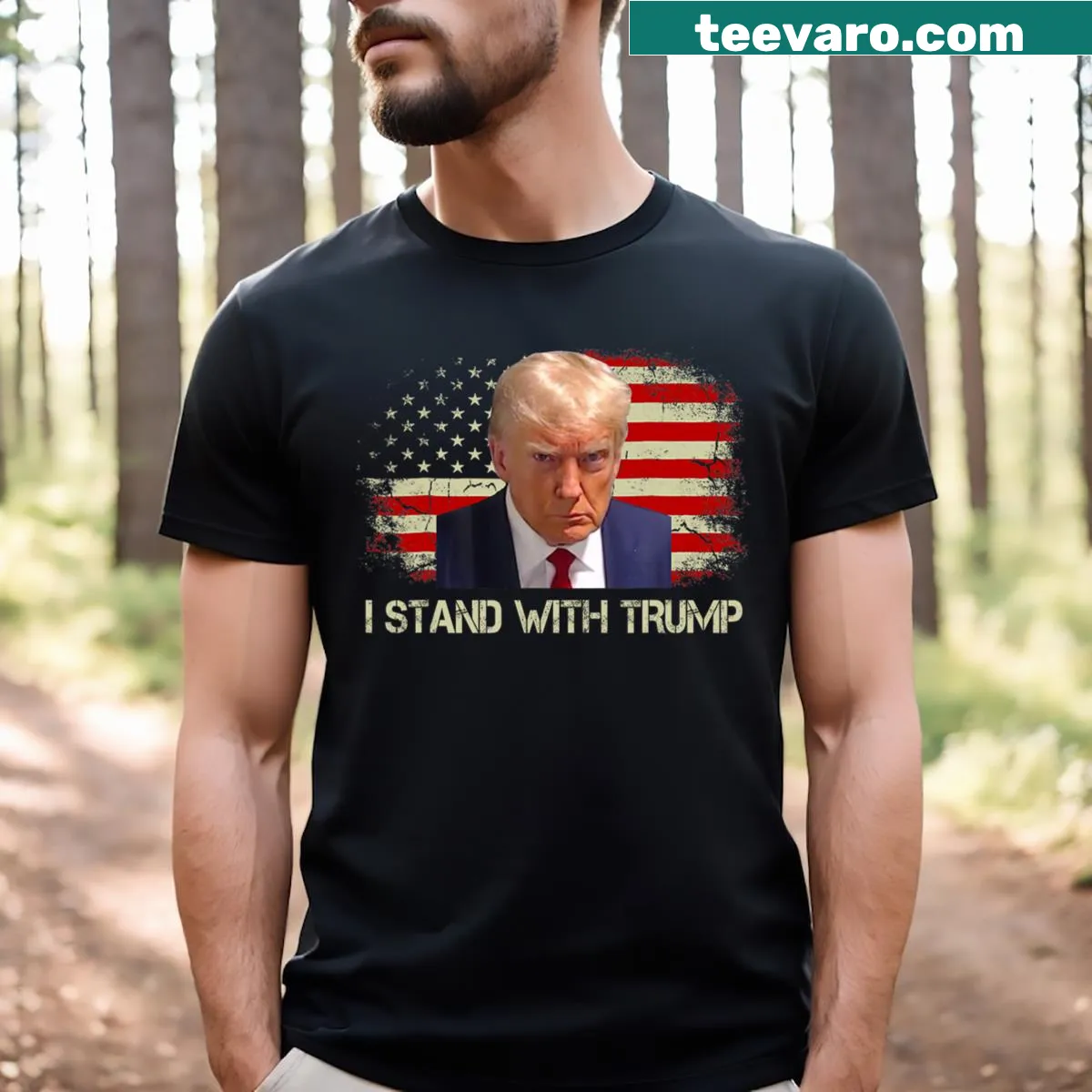 Bold Trump 2024 T-shirt featuring mugshot and 'I Stand With Trump' text — on a men's t-shirt