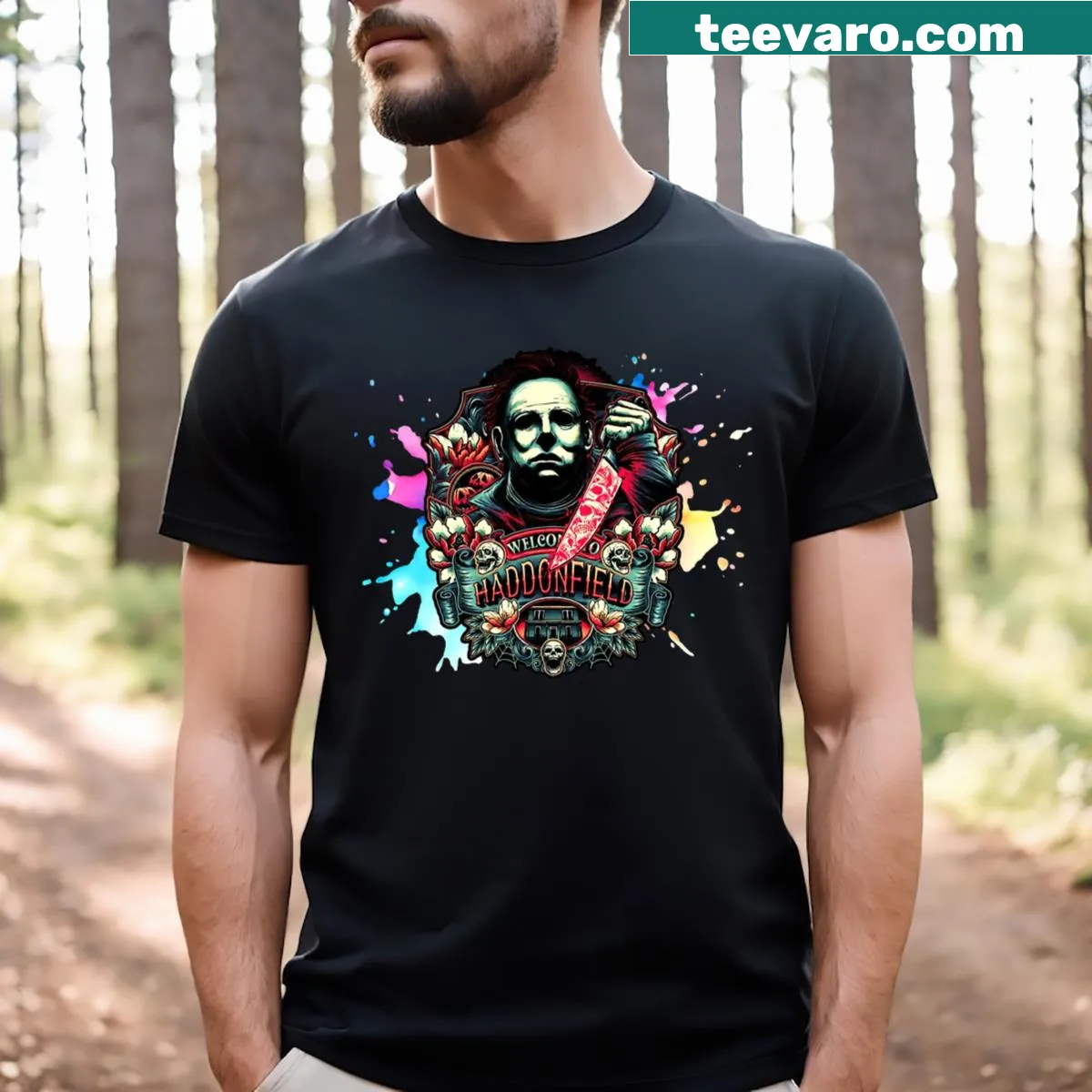 T-shirt featuring Welcome to Haddonfield graphic — on a men's t-shirt