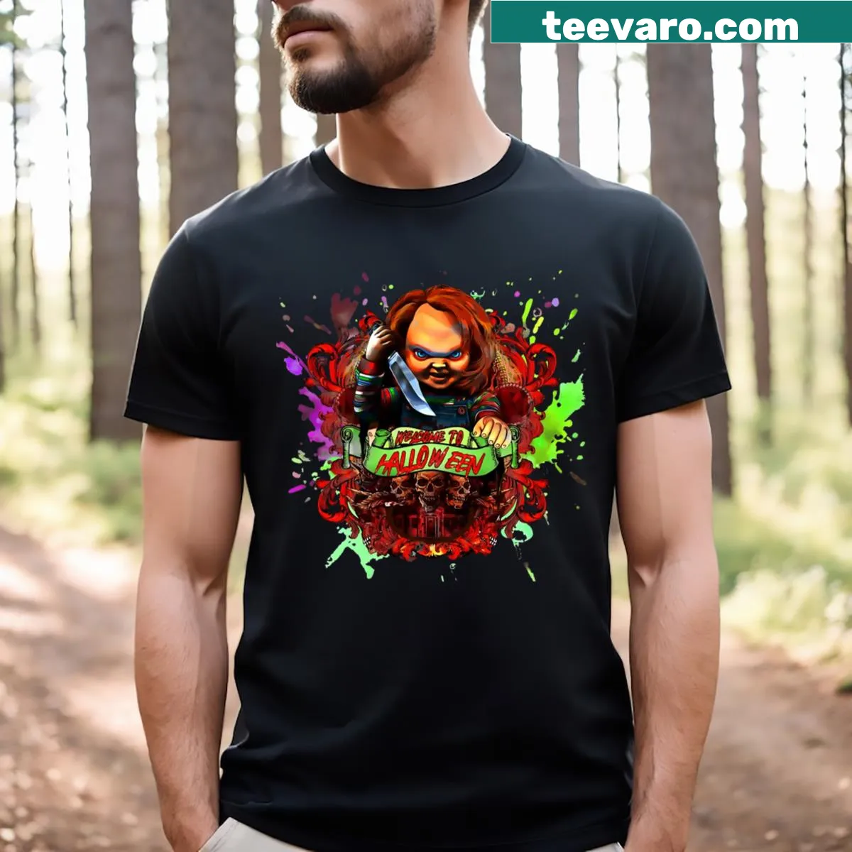 Funny Halloween Party T-shirt with playful seasonal graphics. — on a men's t-shirt
