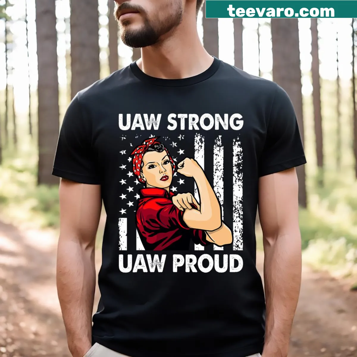 Women's UAW Proud t-shirt celebrating labor rights — on a men's t-shirt