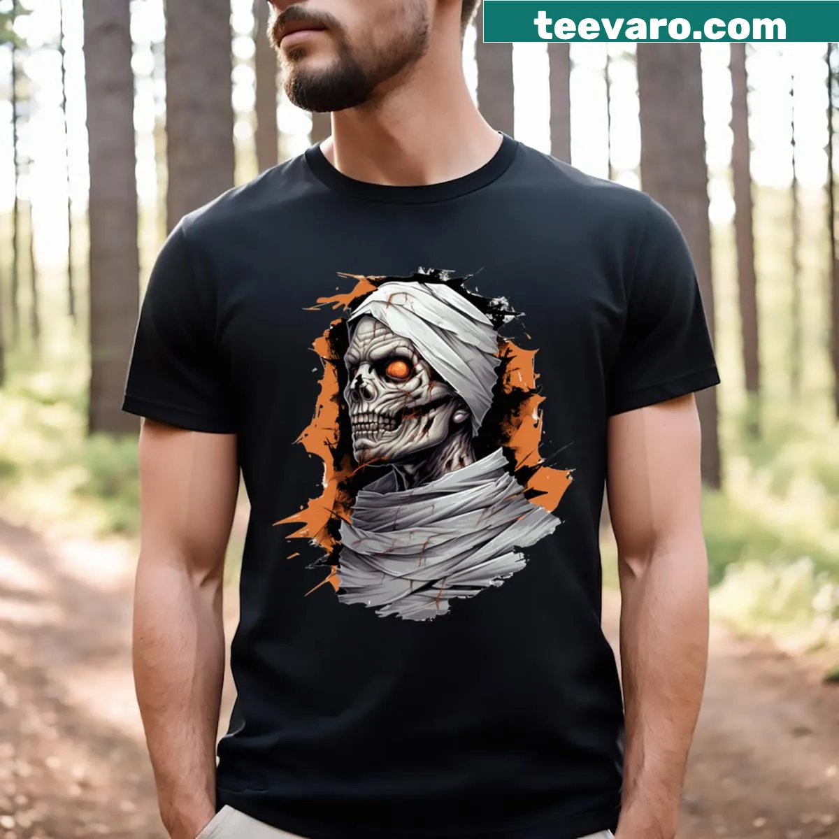Graphic depicting a zombie, demon, and mummy characters on a T-shirt — on a men's t-shirt