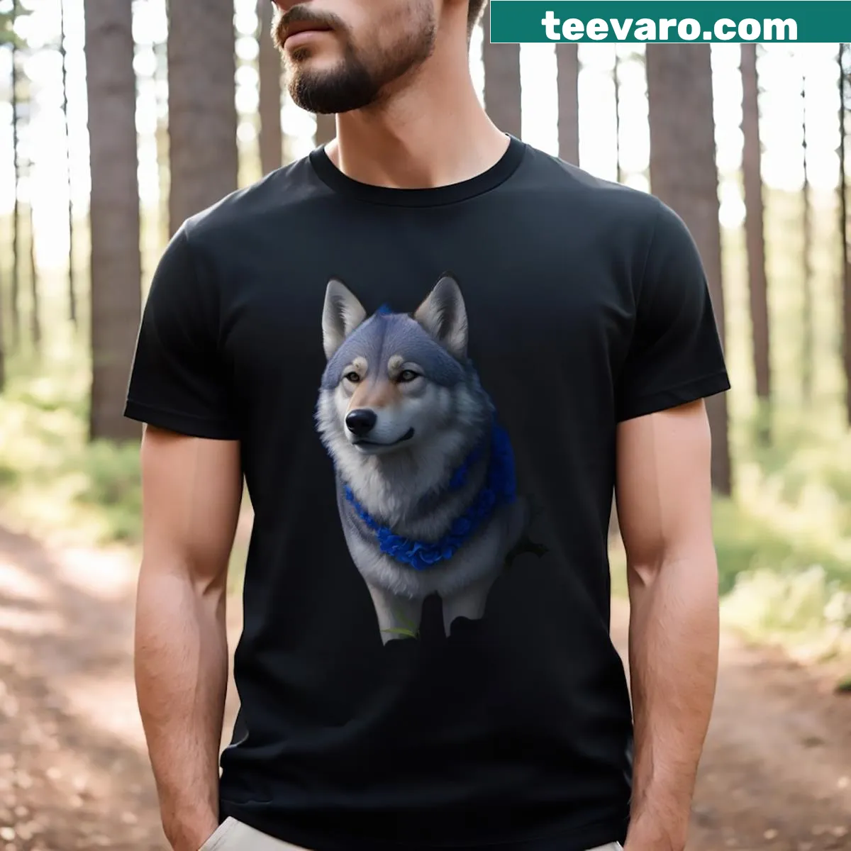 Illustrated blue wolf graphic on a casual t-shirt — on a men's t-shirt