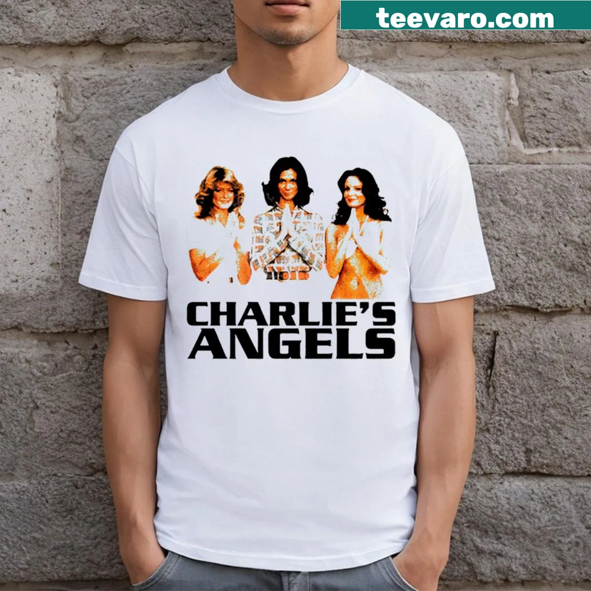 T-shirt featuring the name of actress Farrah Fawcett in stylish font — on a men's t-shirt