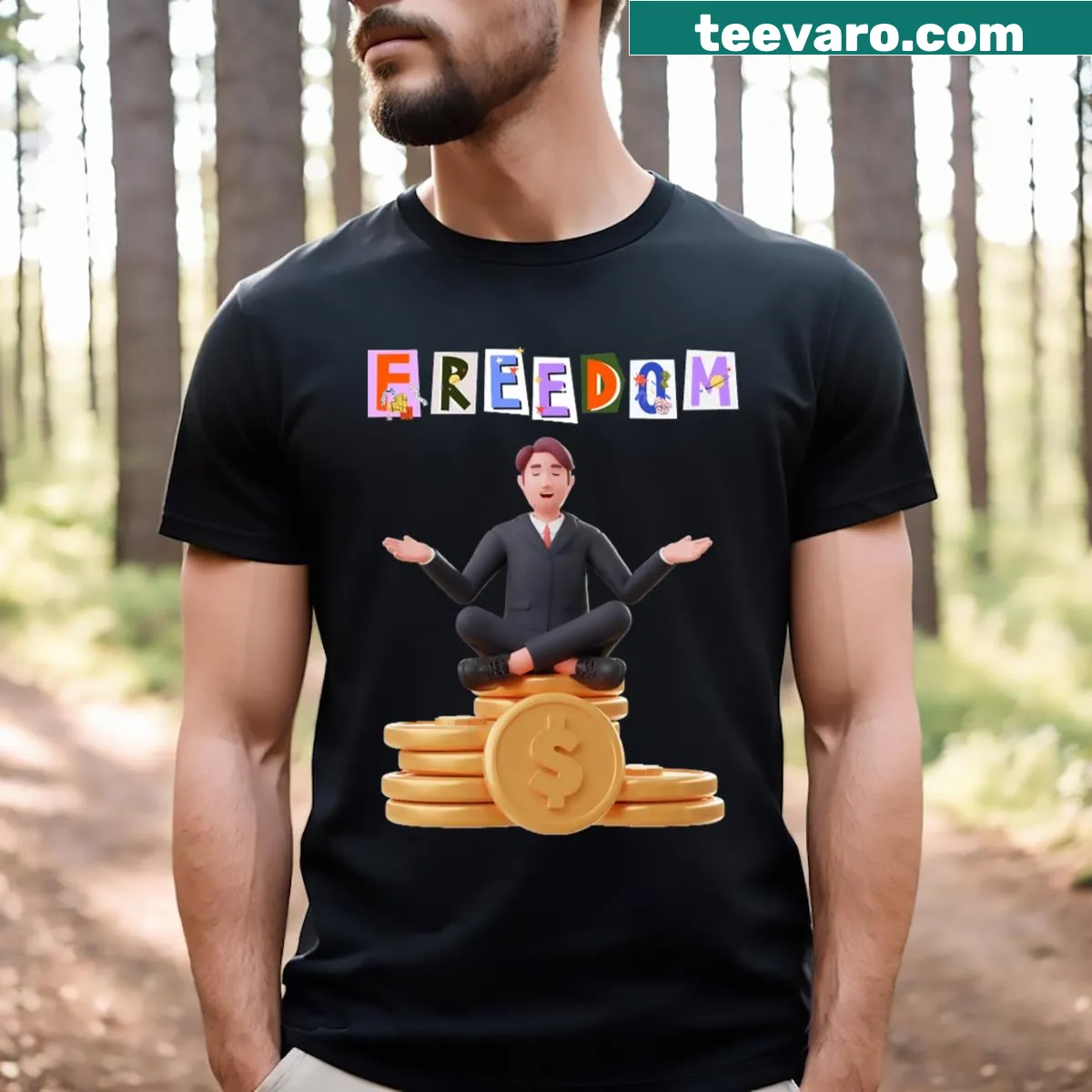 T-shirt with the words Freedom, Equality, and Justice in bold typography — on a men's t-shirt
