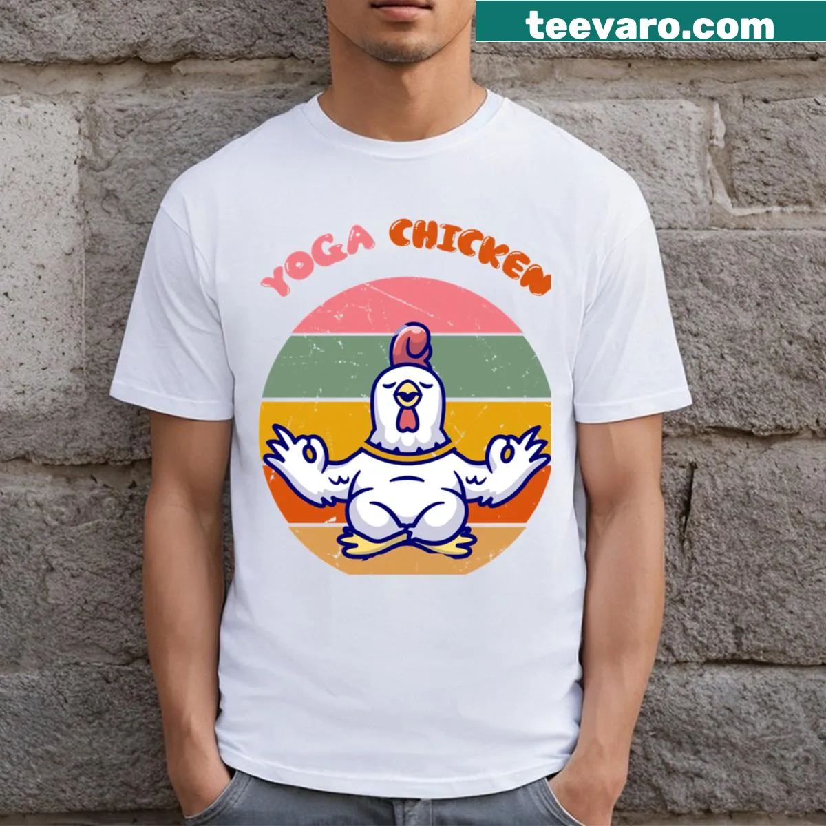 Cute t-shirt featuring a cartoon chicken doing yoga — on a men's t-shirt