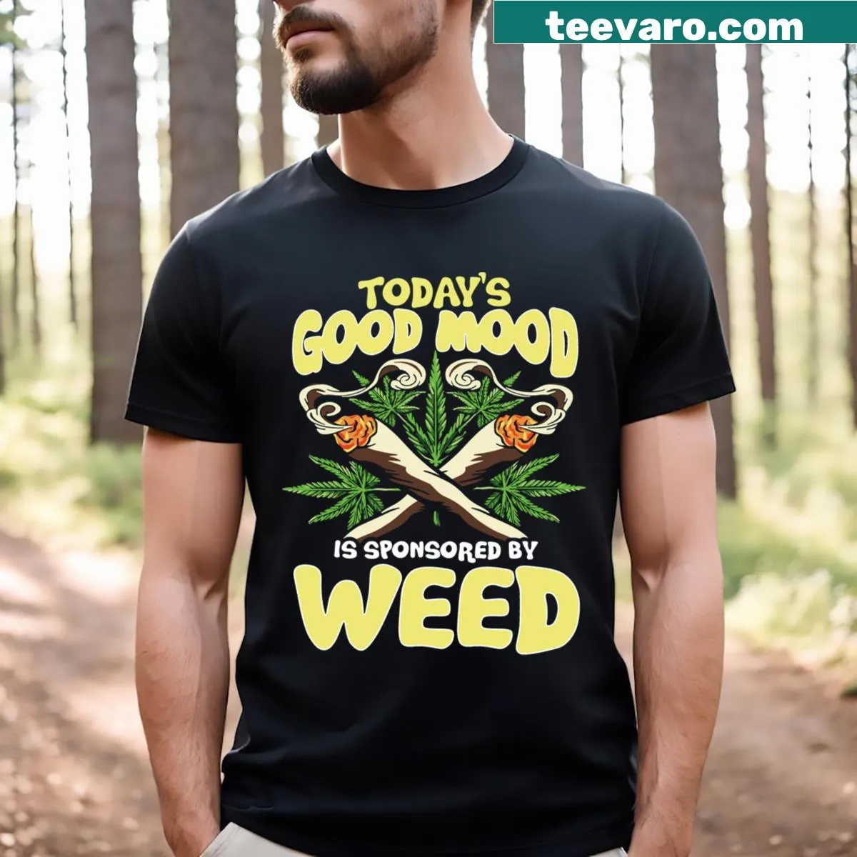Illustrative t-shirt promoting positivity and cannabis culture — on a men's t-shirt