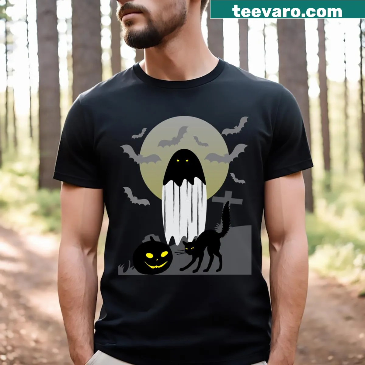 Spooky T-shirt featuring a ghost and graveyard design for Halloween — on a men's t-shirt