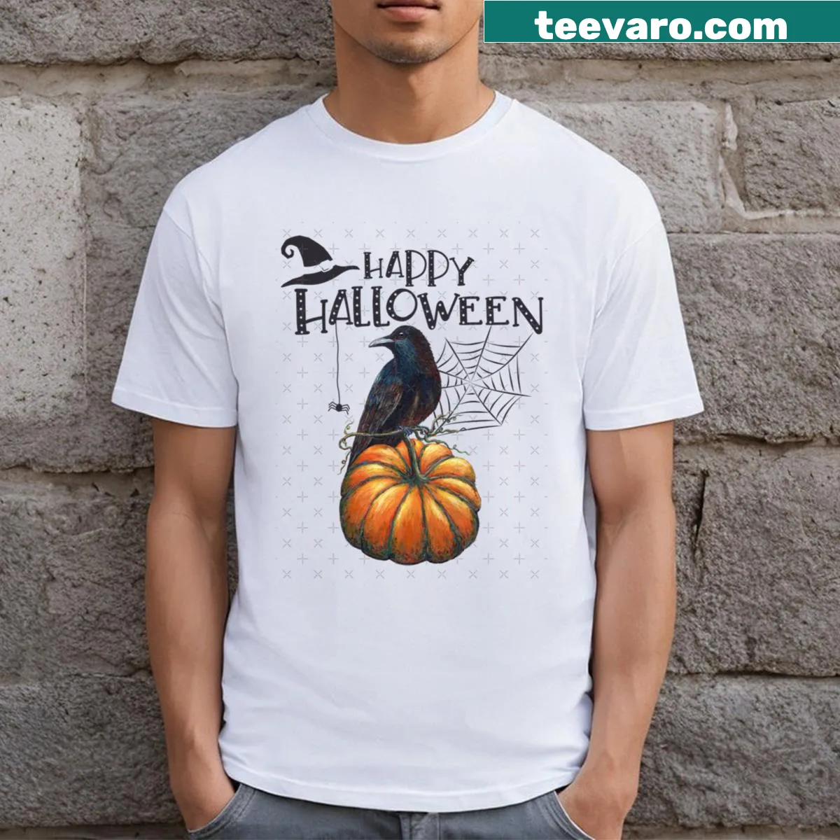 T-shirt with the cheerful phrase 'Happy Halloween' in a friendly style — on a men's t-shirt