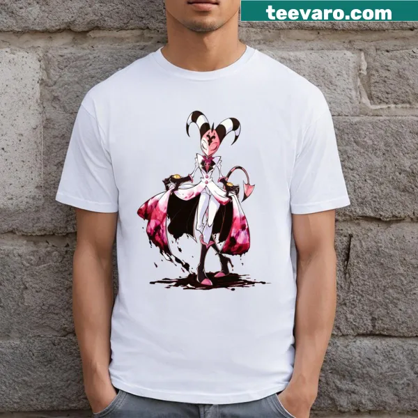 Blitzo from Helluva Boss illustrated on a classic T-shirt.