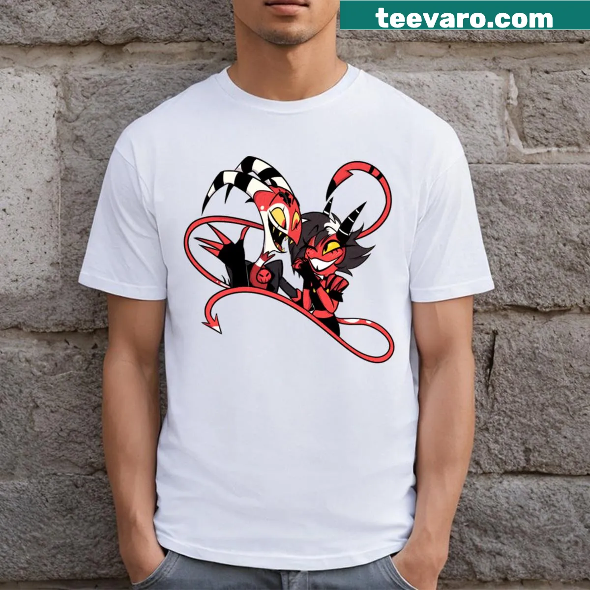 Dynamic t-shirt featuring Blitzo and Millie from Helluva Boss — on a men's t-shirt