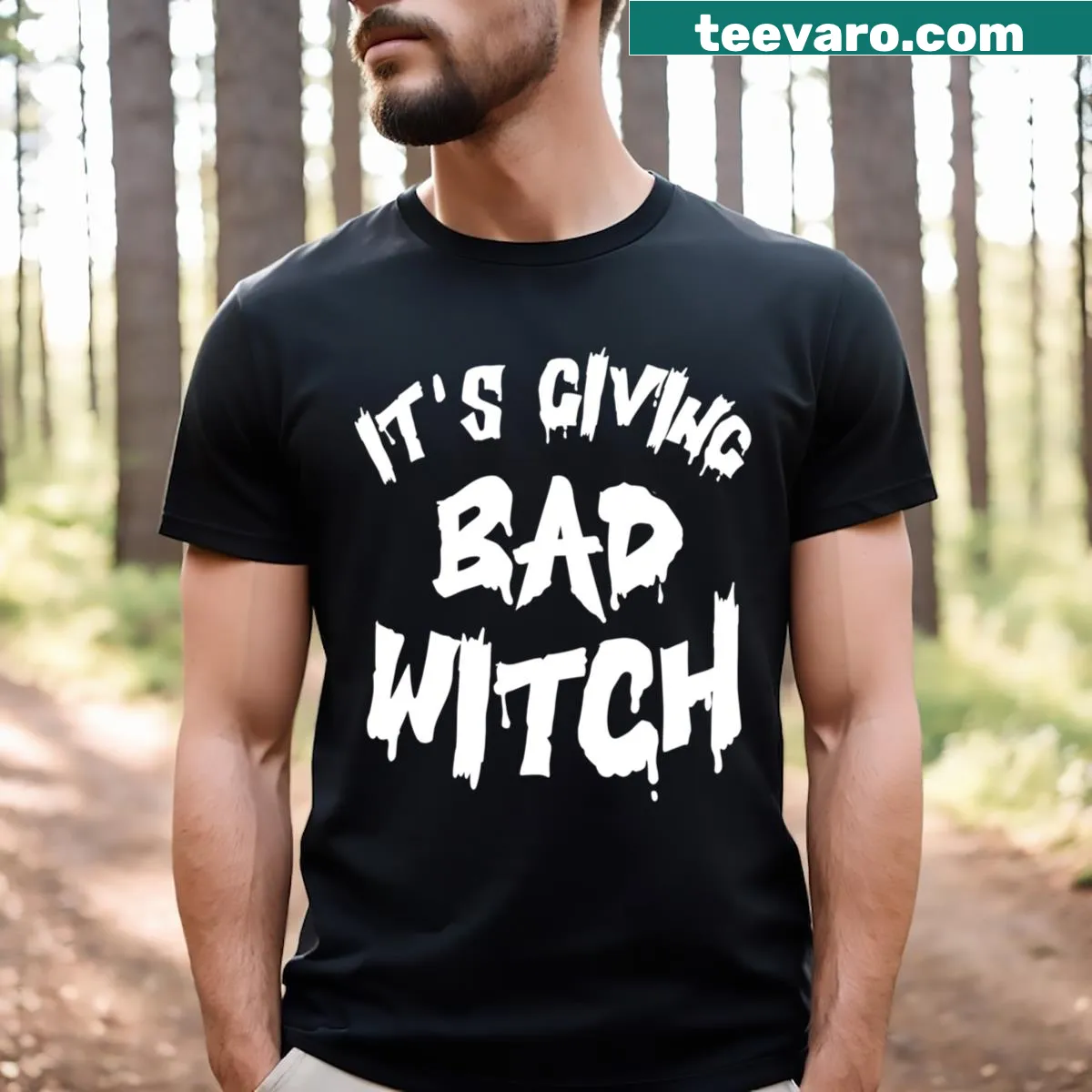 Halloween t-shirt with the phrase 'It's Giving Bad Witch' in bold text — on a men's t-shirt
