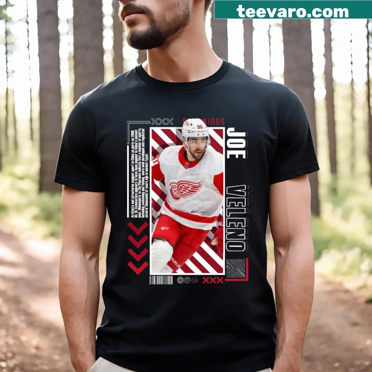 Red Wings t-shirt featuring Joe Veleno's number 9 in a vintage poster style — on a men's t-shirt