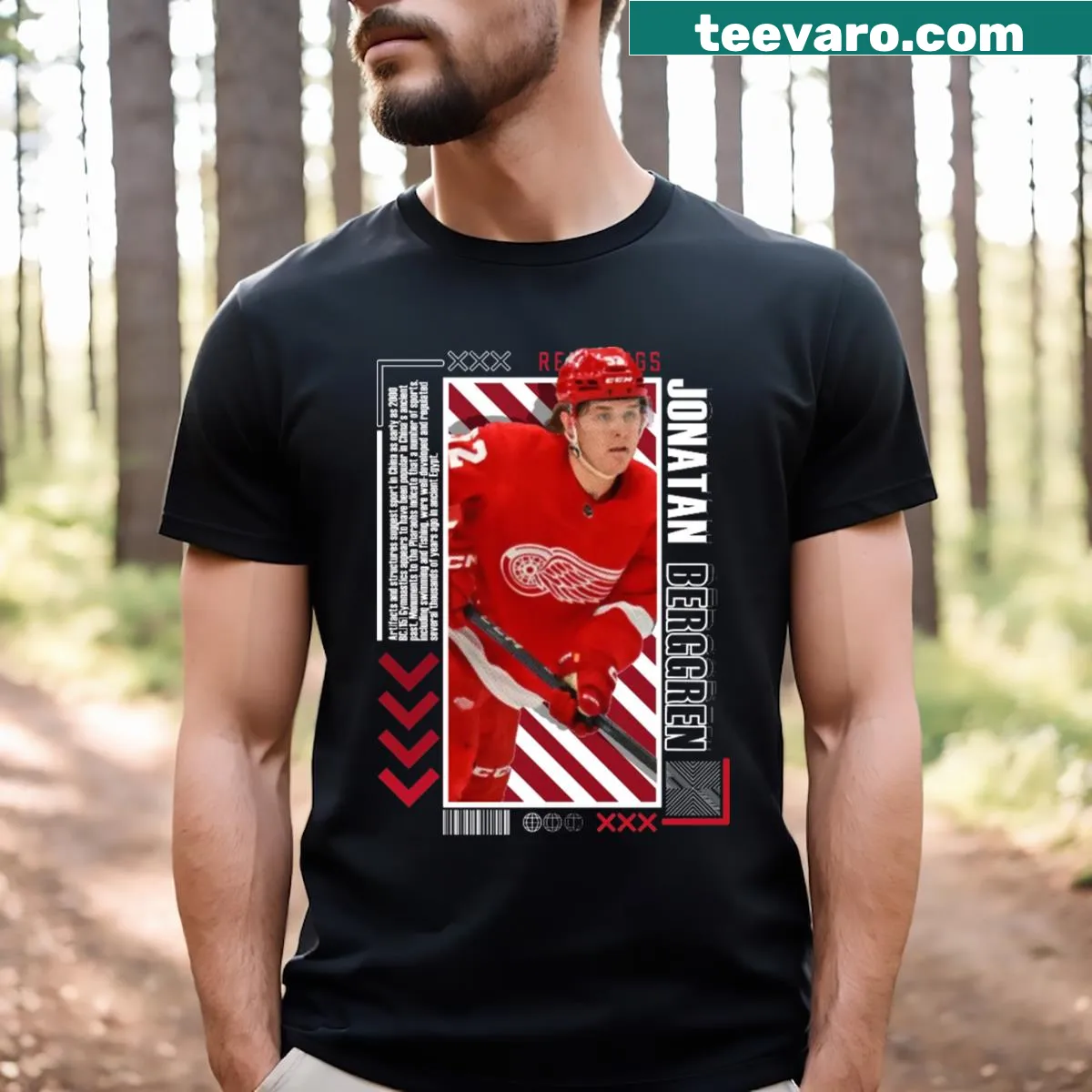 Illustrated Red Wings jersey with Jonatan Berggren's name and number — on a men's t-shirt
