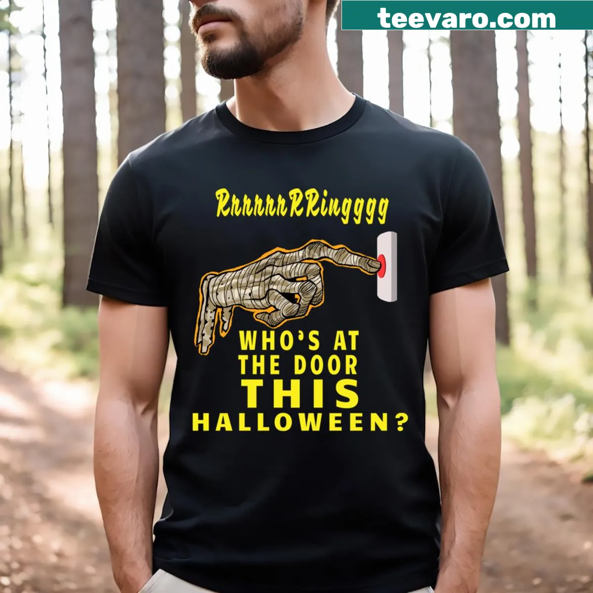 Cartoon mummy hand graphic on Halloween visitor t-shirt — on a men's t-shirt