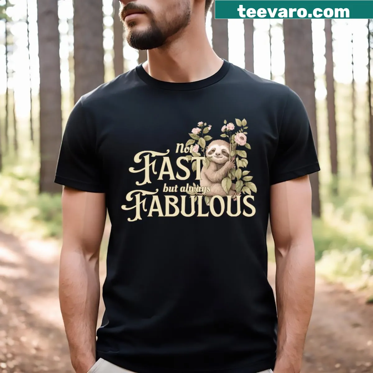 Cartoon sloth T-shirt with the phrase 'Not Fast But Fabulous' — on a men's t-shirt