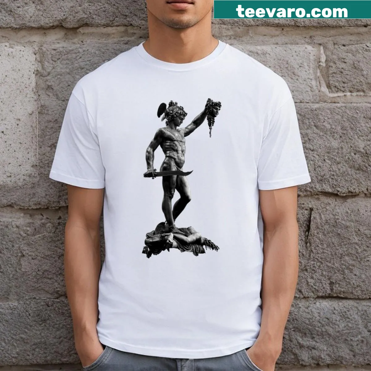 Graphic t-shirt depicting Perseus holding Medusa's head in a classic illustration style — on a men's t-shirt