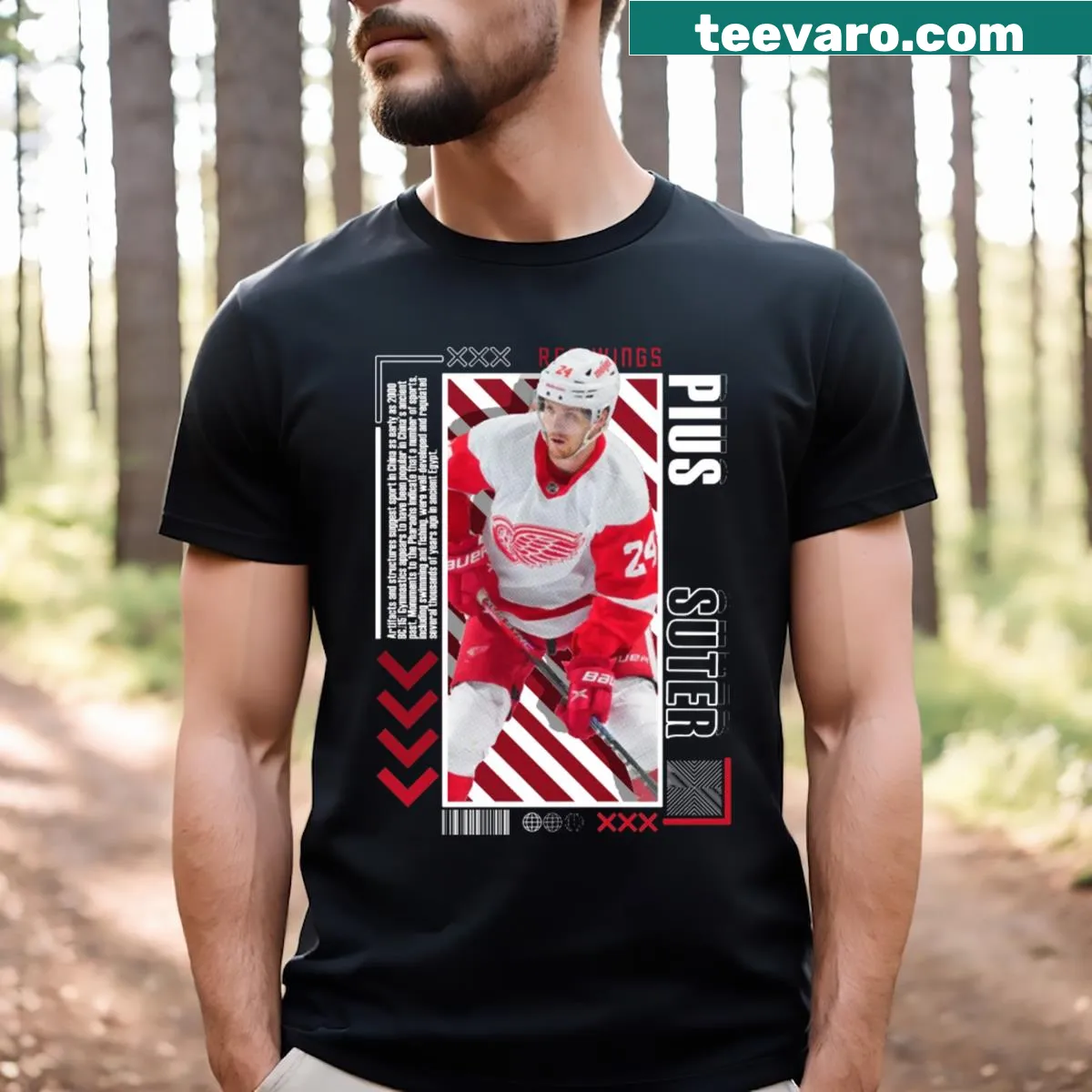 Graphic of Pius Suter on Red Wings t-shirt — on a men's t-shirt