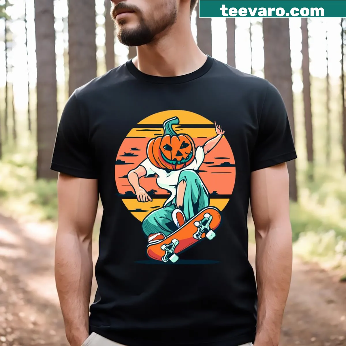 Skateboard girl with a pumpkin head graphic for Halloween T-shirt — on a men's t-shirt
