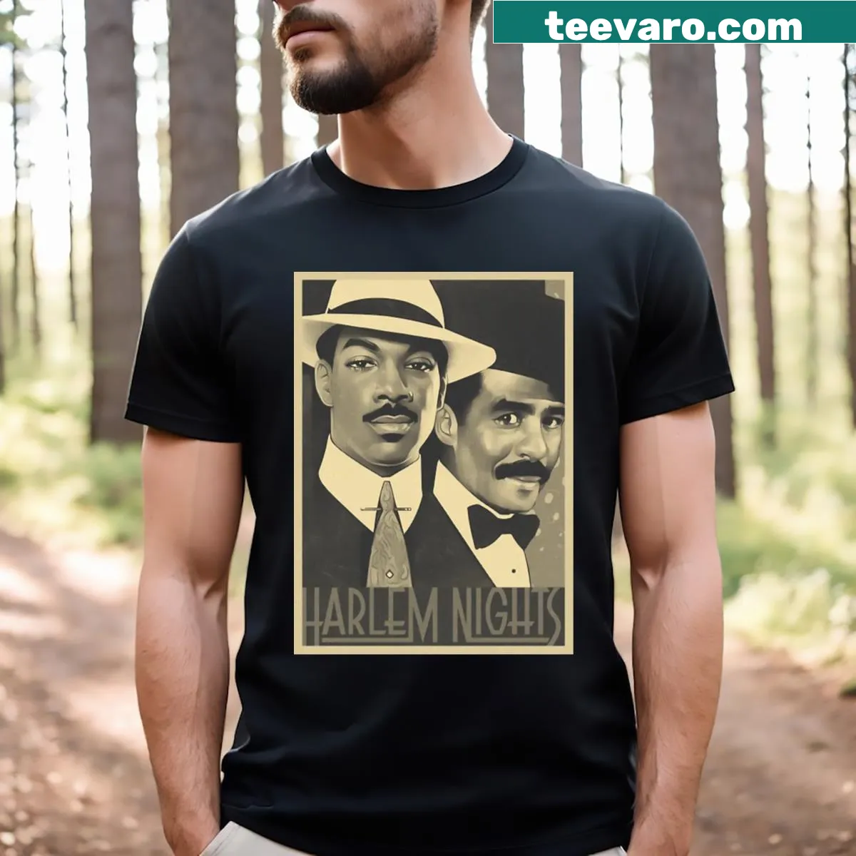 Vintage-style T-shirt featuring retro Harlem night art in brown and cream — on a men's t-shirt