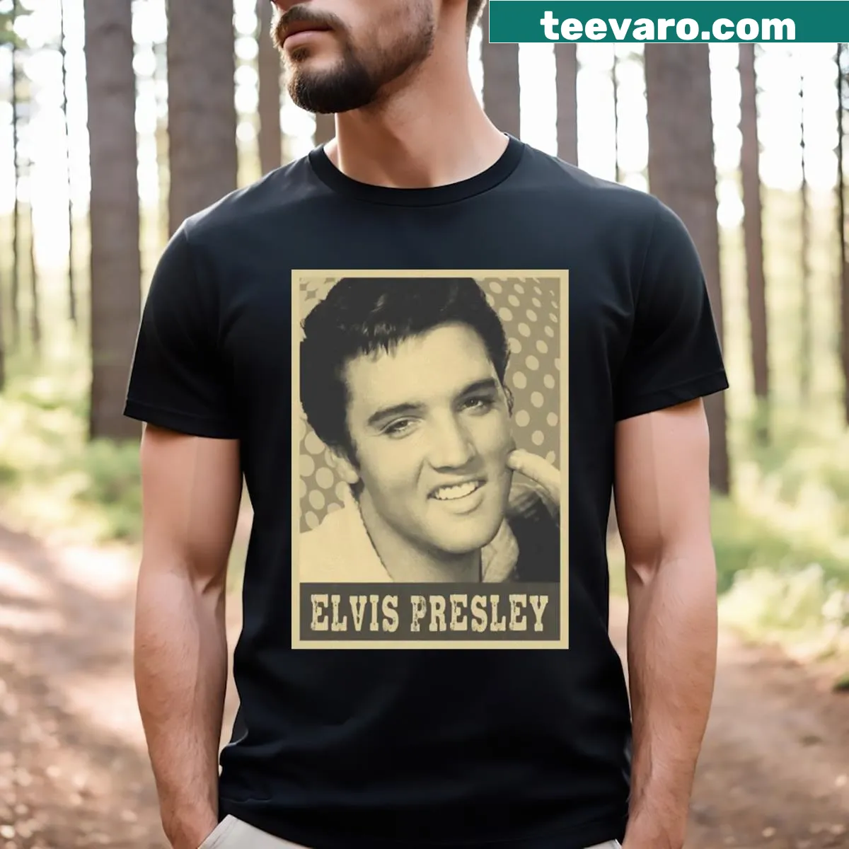 Brown and cream T-shirt featuring retro Elvis Presley art and the word 'Smile' — on a men's t-shirt
