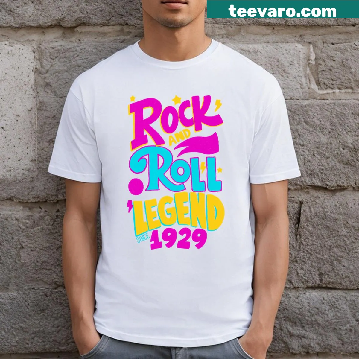 T-shirt celebrating rock and roll with 'Legend Since 1929' text — on a men's t-shirt