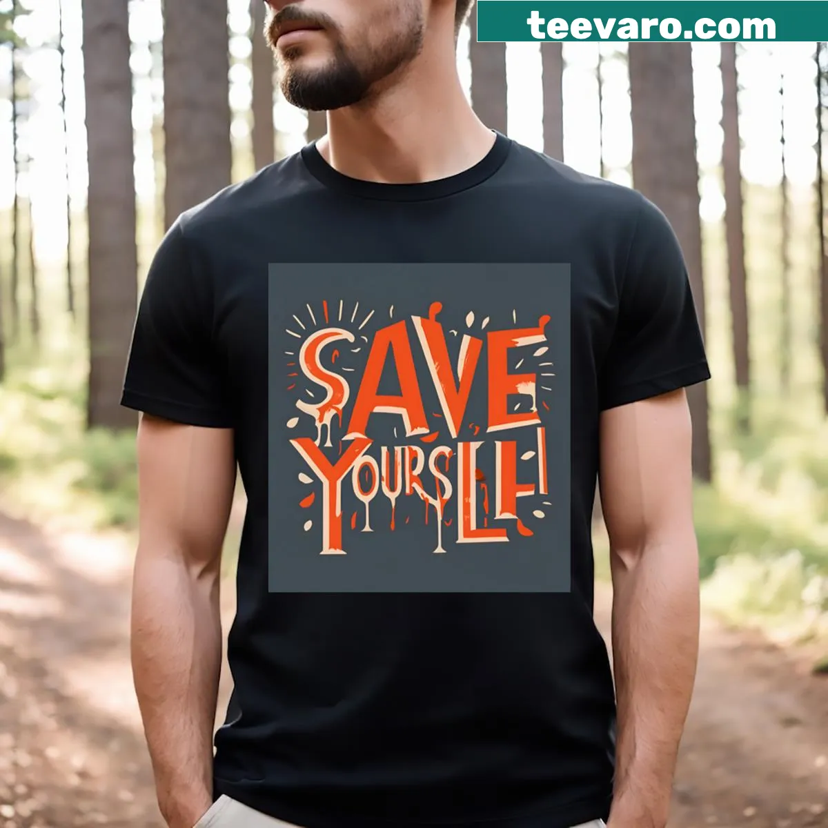 T-shirt featuring the phrase 'Save Yourself!' in bold text — on a men's t-shirt