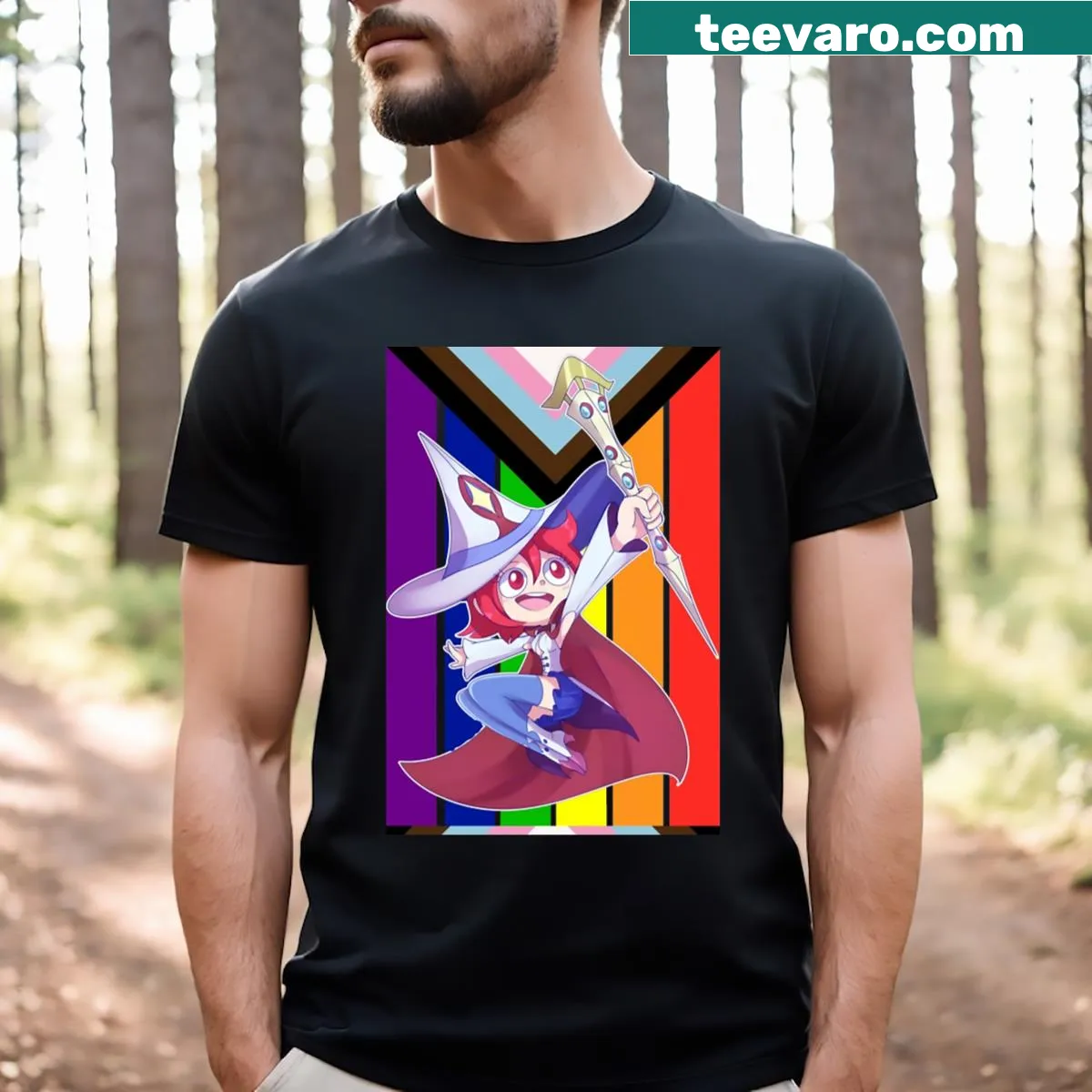Pride flag T-shirt featuring a shiny chariot illustration — on a men's t-shirt