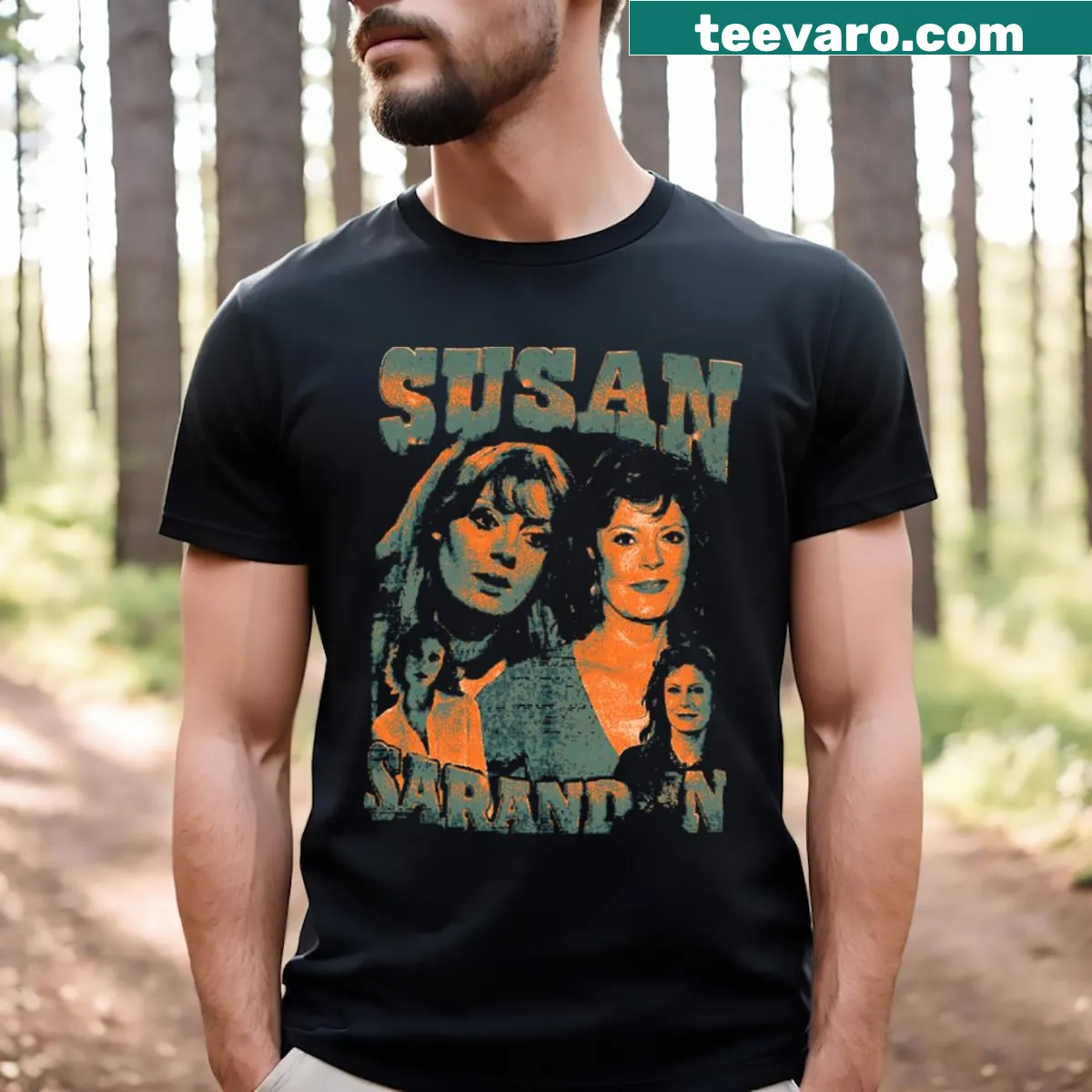 Typography T-shirt featuring Susan Sarandon's name — on a men's t-shirt