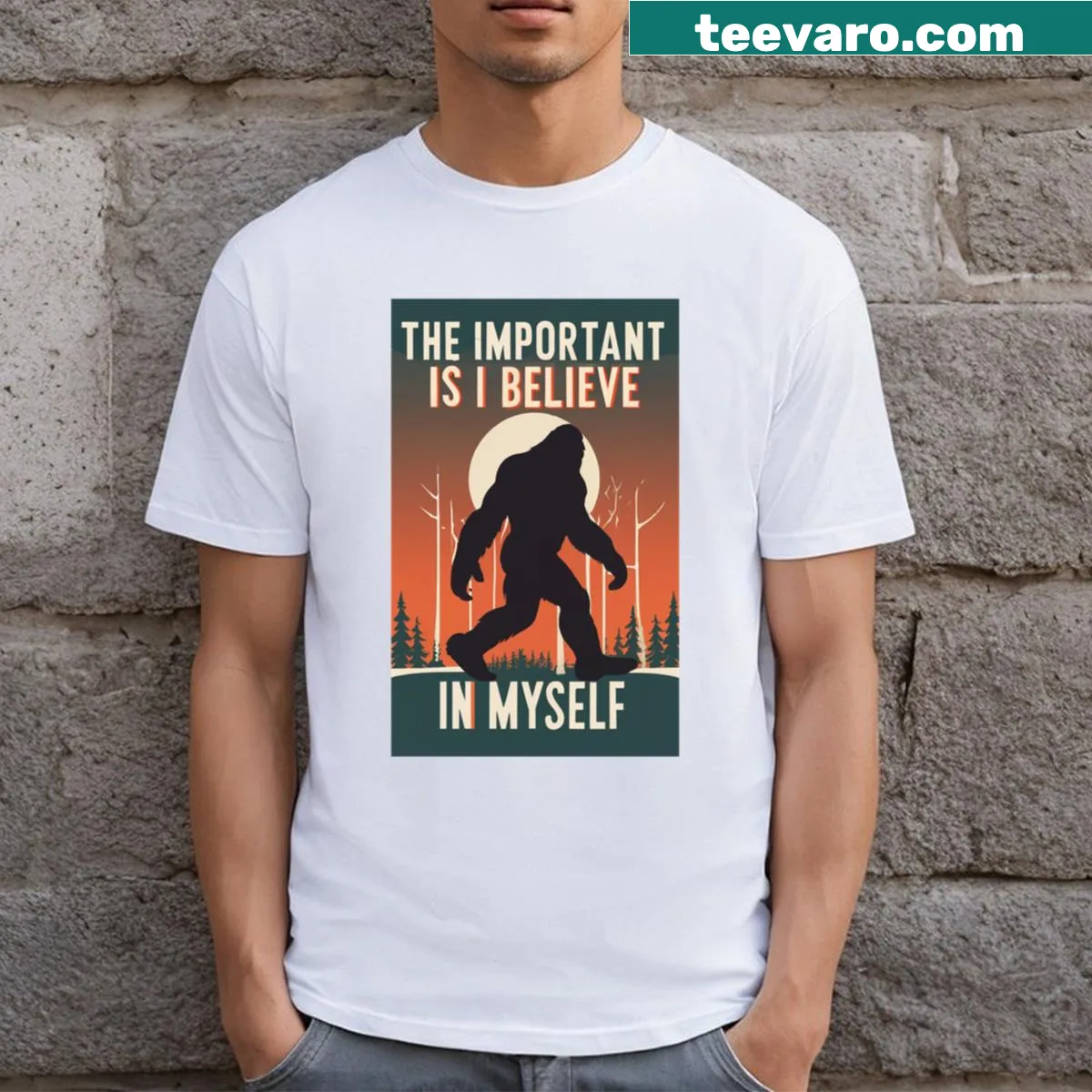 Bigfoot silhouette with motivational text on an essential t-shirt — on a men's t-shirt