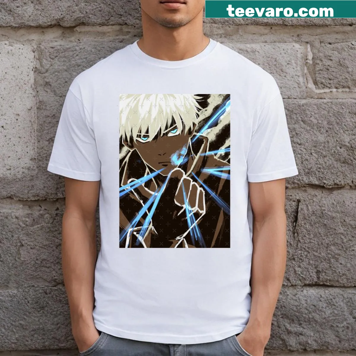 Bold typography T-shirt featuring Gojo Satoru's name — on a men's t-shirt