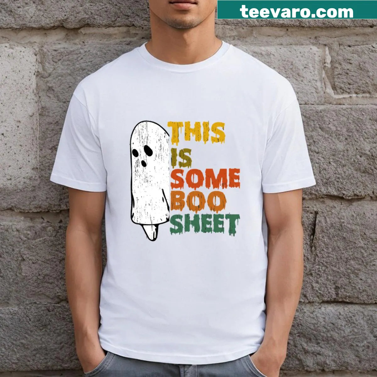Humorous ghost graphic with text for Halloween t-shirt — on a men's t-shirt